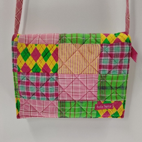 Bella Taylor Crossbody Bag Pink Patchwork Plaid Flap Over Magnetic Closure - Picture 1 of 10
